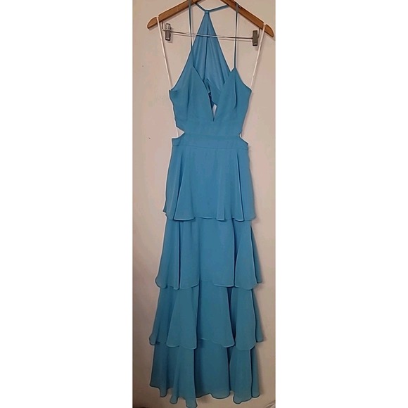LULUS Women's Maxi Dress Large Tier and Now Bright Blue Tie Back Tiered Halter - Picture 3 of 8